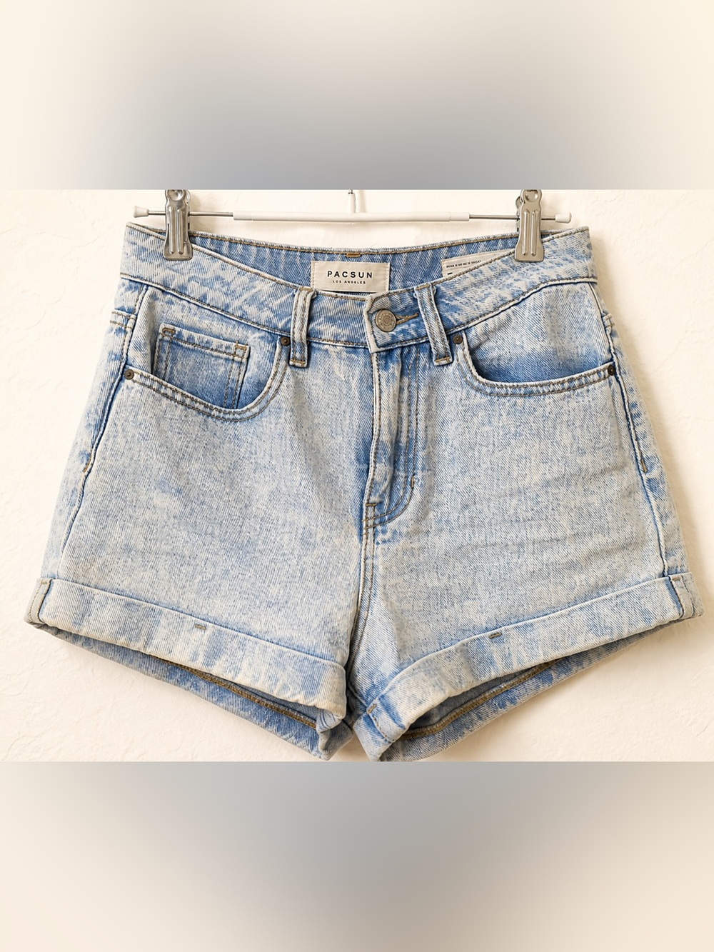 PacSun High Rise Mom Shorts Light Wash Denim Rolled Hem Distressed Festival